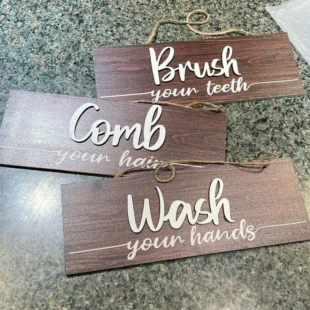 Bathroom Rules Wall Hangings 3 wood signs with jute and hangers Brush Wash Comb